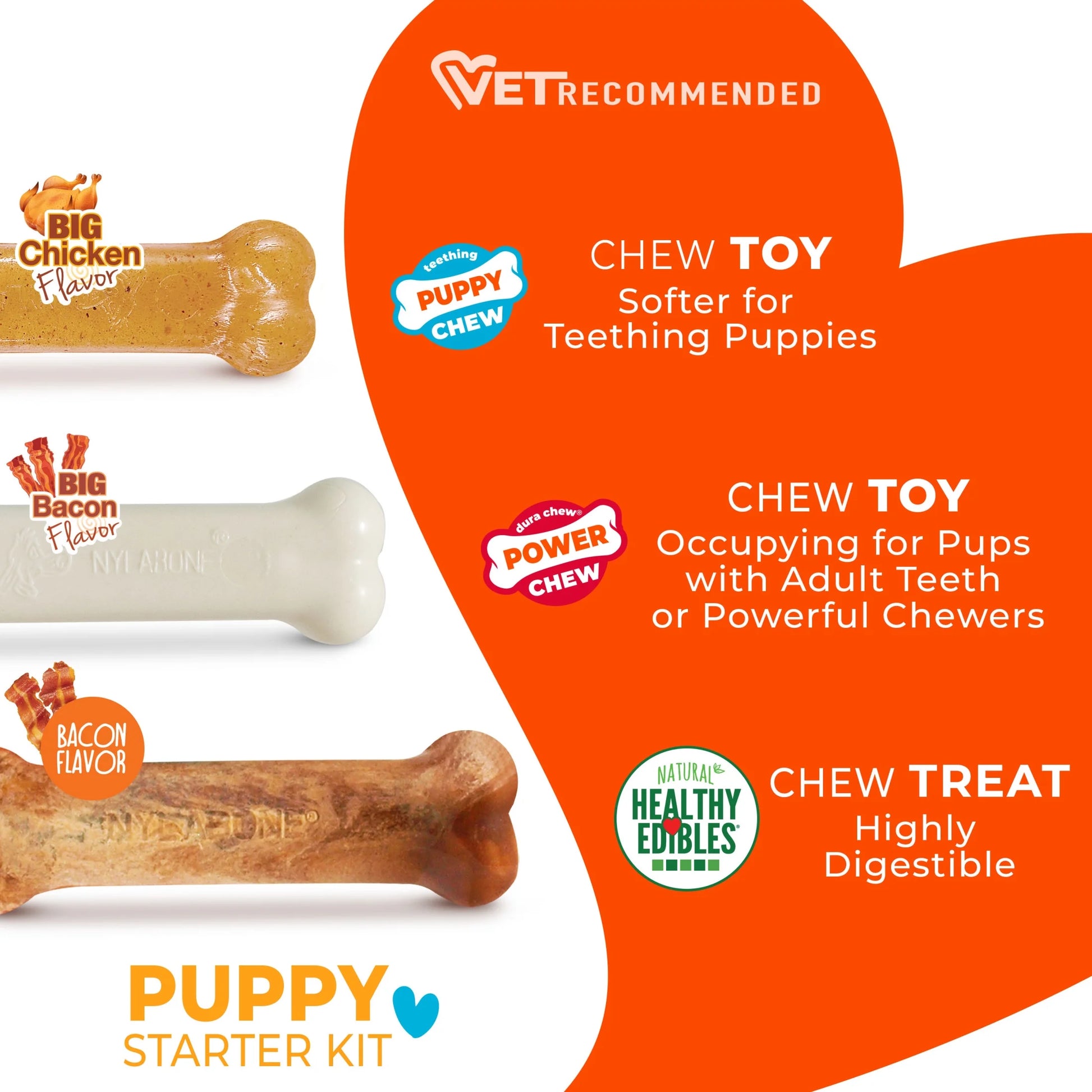 Ultimate Puppy Starter Kit: 3 Chew Toys with Delicious Chicken & Bacon Treats for Small Dogs