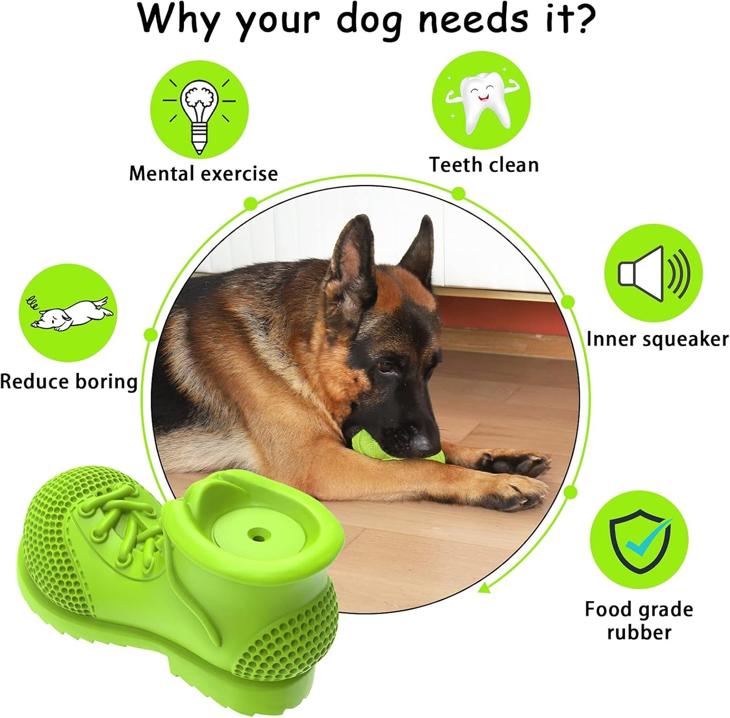 Tough Rubber Squeaky Dog Toy - Shoe Shape for Large Dogs, Cleans Teeth & Reduces Plaque (Grass Green)