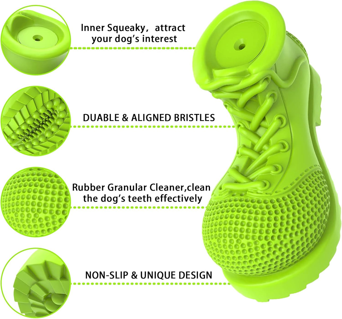 Tough Rubber Squeaky Dog Toy - Shoe Shape for Large Dogs, Cleans Teeth & Reduces Plaque (Grass Green)