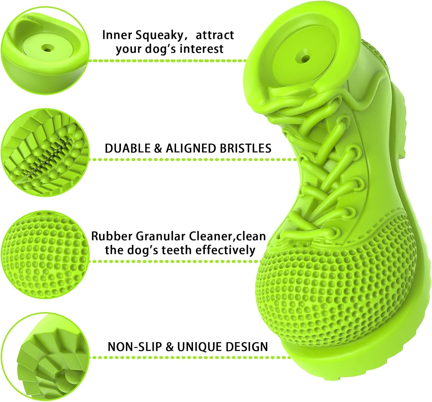 Tough Rubber Squeaky Dog Toy - Shoe Shape for Large Dogs, Cleans Teeth & Reduces Plaque (Grass Green)