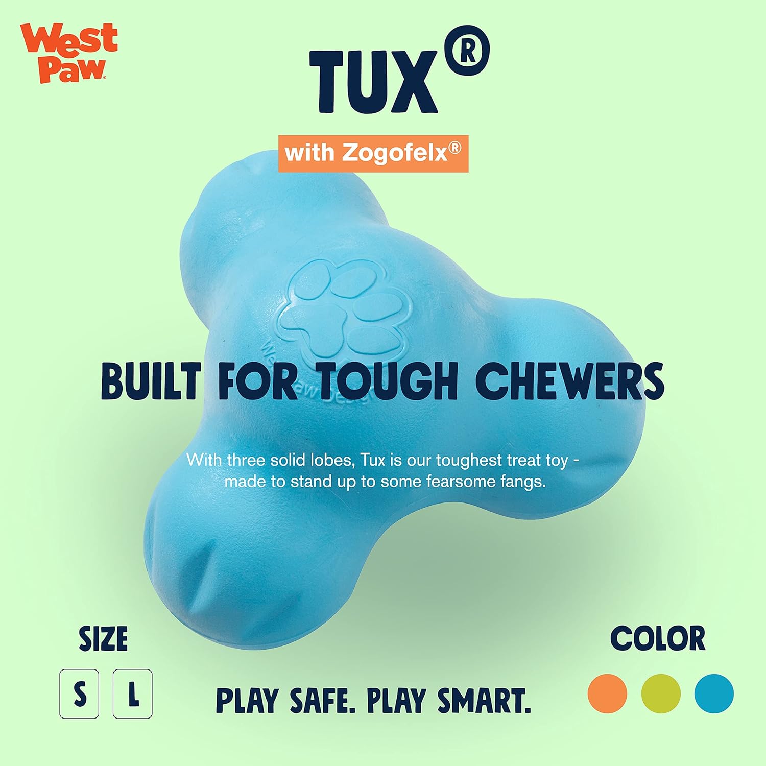 Zogoflex Tux Treat Dispensing Dog Chew Toy – Interactive Chewing Toy for Dogs – Dog Games for Aggressive Chewers, Fetch, Catch – Holds Kibble, Treats, Small 4", Aqua Blue