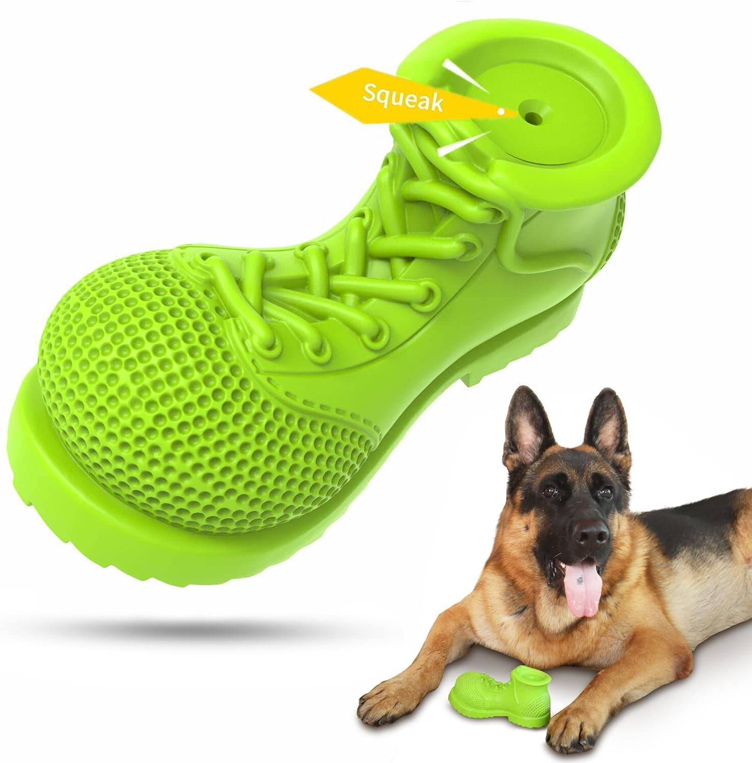 Tough Rubber Squeaky Dog Toy - Shoe Shape for Large Dogs, Cleans Teeth & Reduces Plaque (Grass Green)
